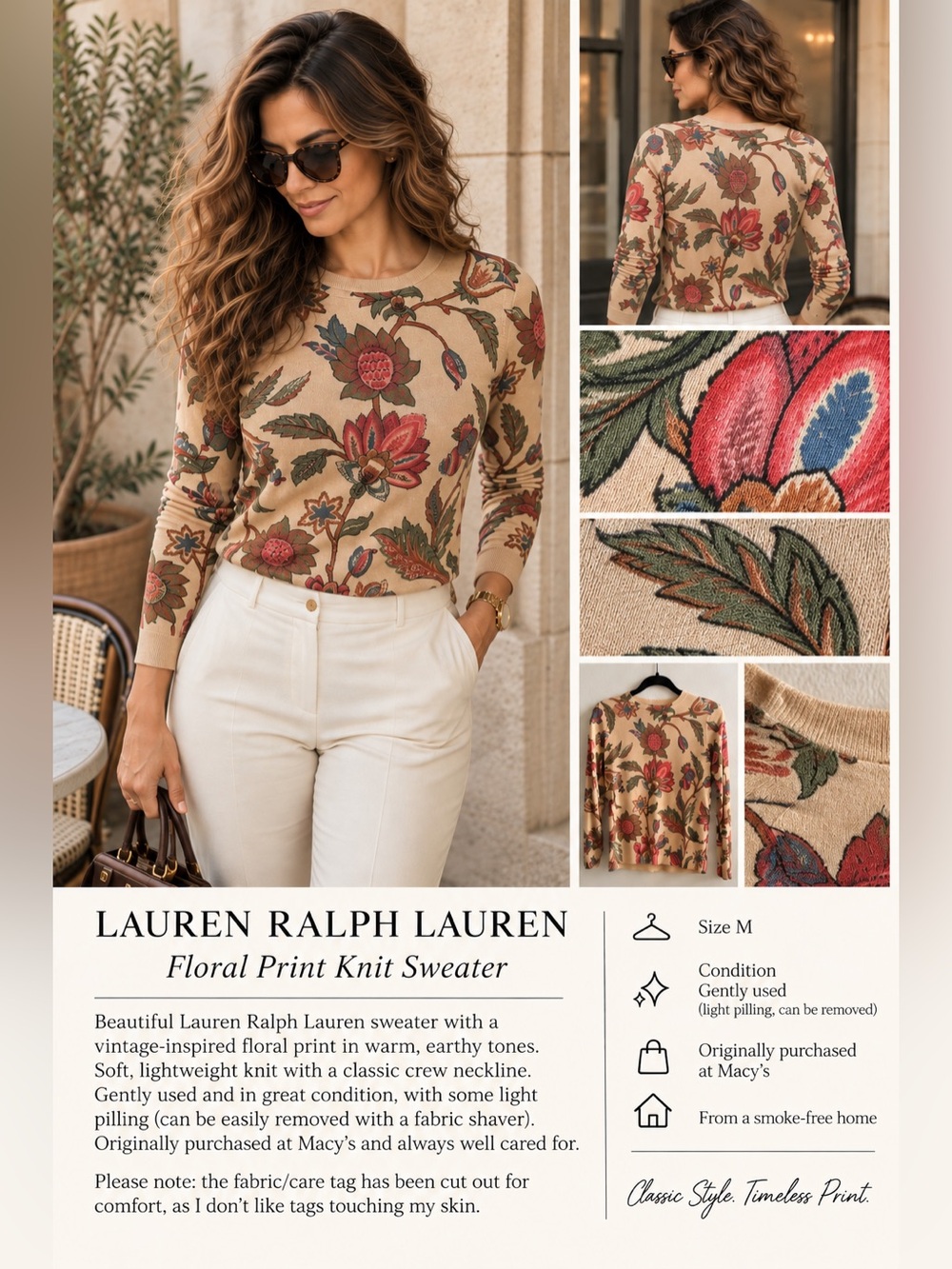 Lauren Ralph Lauren Floral Print Knit Sweater – Size M